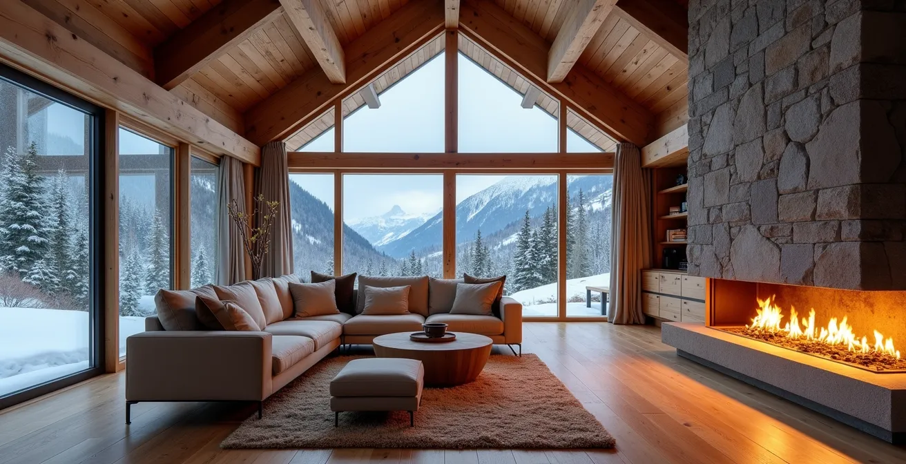 Intérieur chaleureux d'un chalet avec grande cheminée et espaces ouverts favorisant les interactions