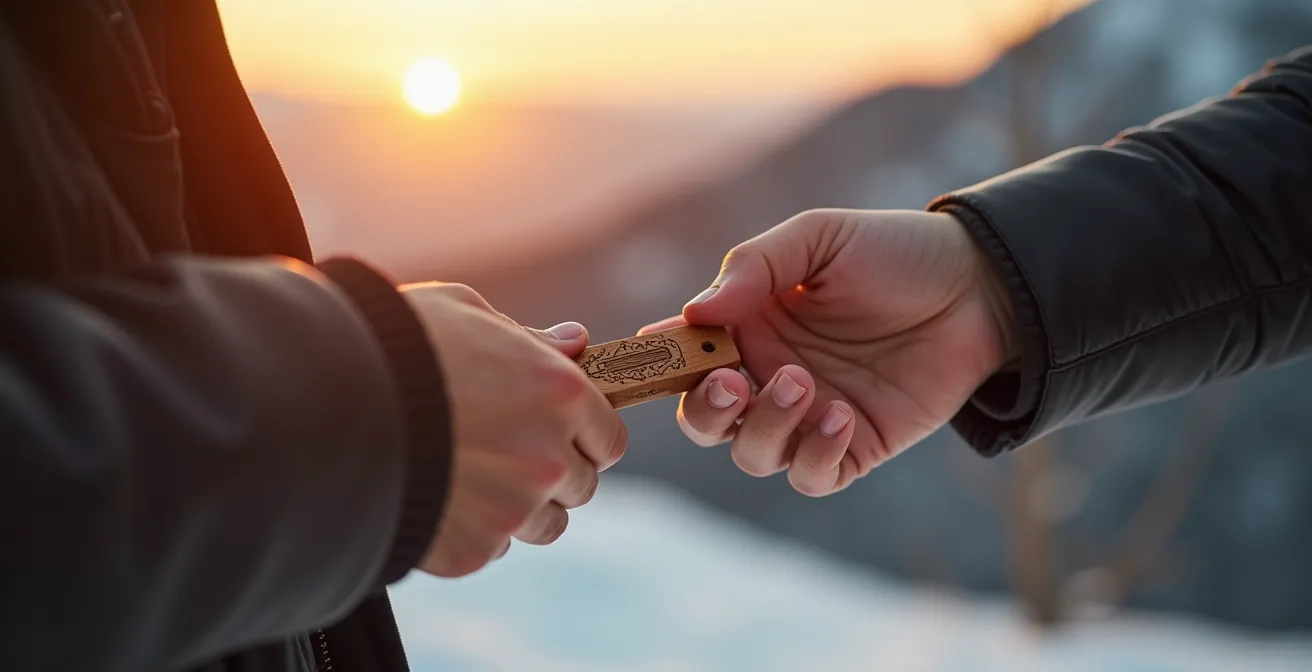 Gros plan sur des mains échangeant des clés en bois sculpté devant un paysage de montagne flou