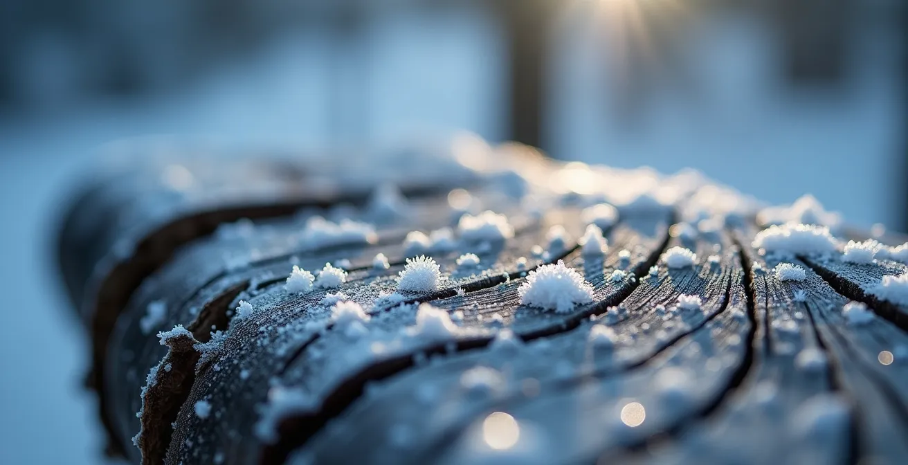 Détail en macro d'une texture de bois de mélèze avec cristaux de neige