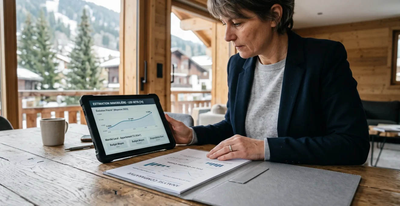 Agent immobilier analysant des données de marché local sur tablette lors d'une estimation professionnelle de bien montagnard