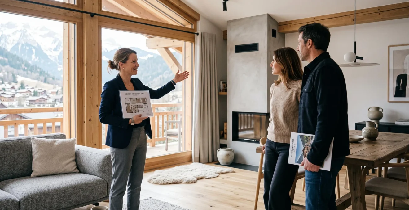 Agent immobilier présentant un chalet contemporain à des clients potentiels lors d'une visite professionnelle aux Gets, intérieur lumineux avec vue montagne