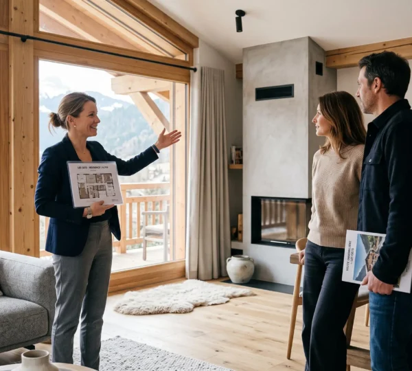 Agent immobilier présentant un chalet contemporain à des clients potentiels lors d'une visite professionnelle aux Gets, intérieur lumineux avec vue montagne