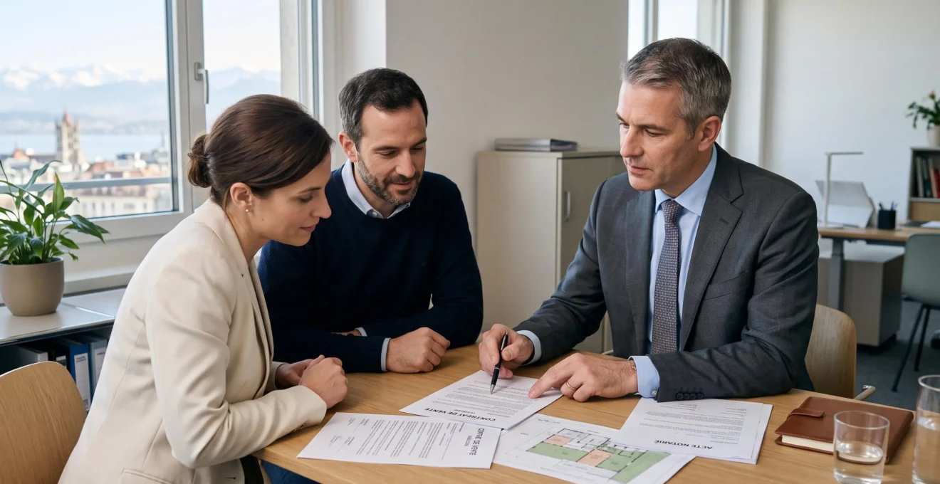 Conseiller immobilier suisse en consultation avec clients dans bureau contemporain, documents d'achat immobilier sur table, geste de conseil professionnel