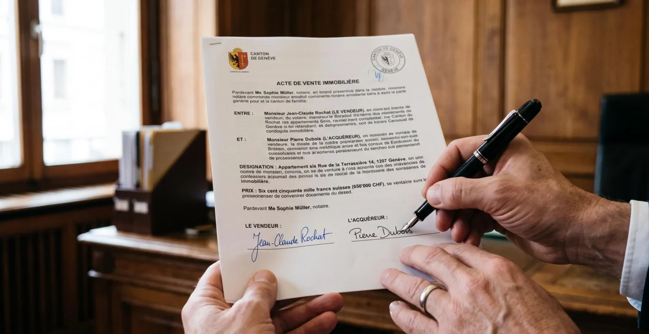 Gros plan sur mains signant acte de vente immobilier suisse, stylo plume sur document officiel en français, environnement bureau notarial