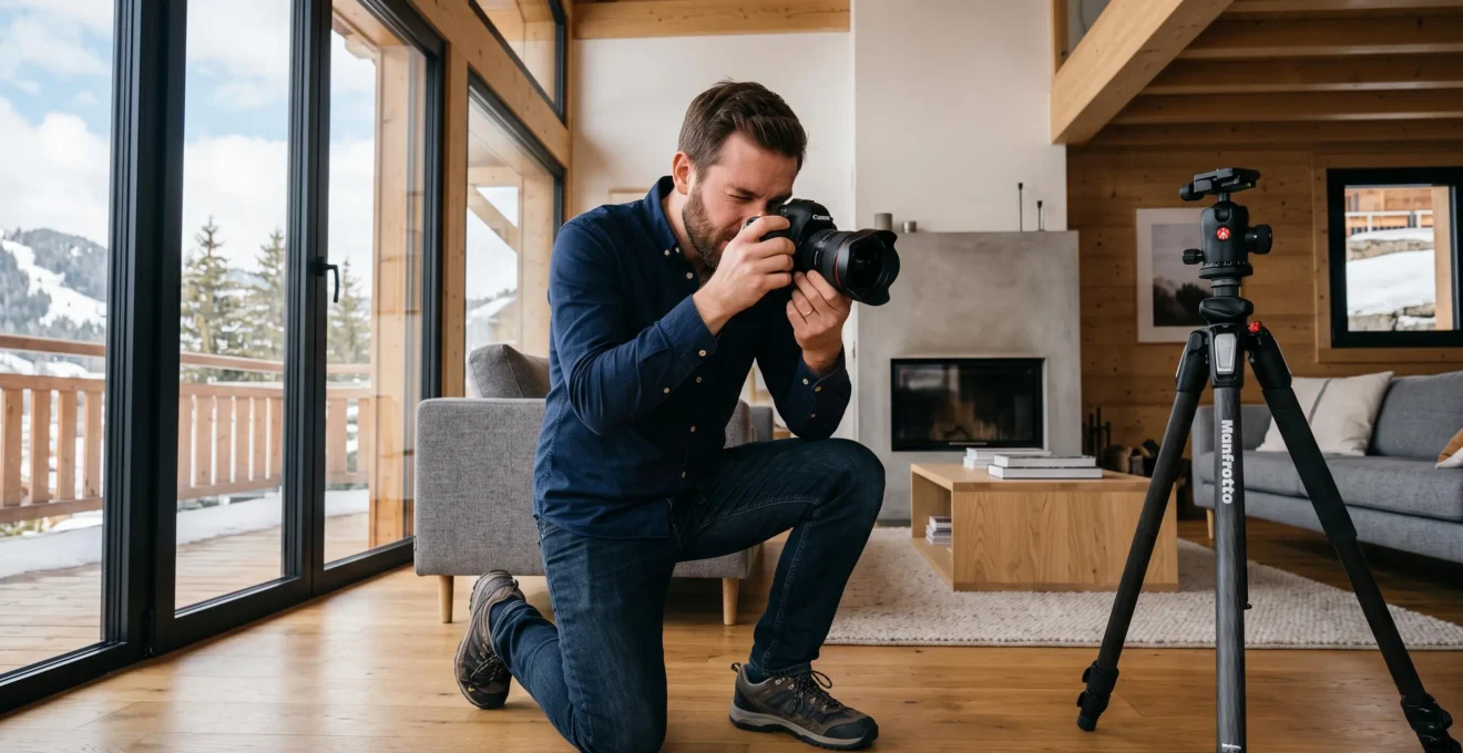 Photographe immobilier professionnel réalisant un reportage photo dans un chalet contemporain des Gets pour valorisation de mise en vente