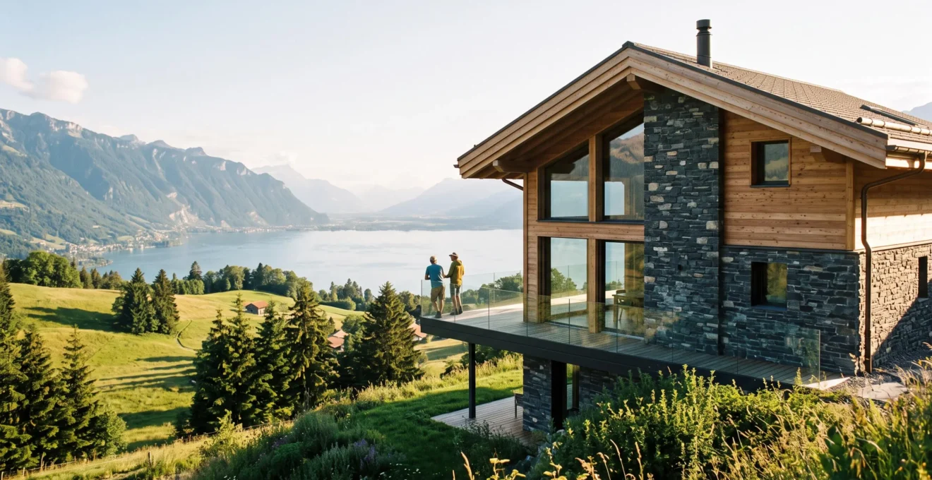 Villa contemporaine en bois et pierre avec grandes baies vitrées sur les hauteurs du lac Léman, vue panoramique sur les Alpes suisses, lumière dorée de fin de journée