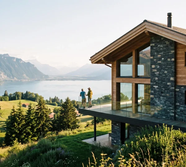 Villa contemporaine en bois et pierre avec grandes baies vitrées sur les hauteurs du lac Léman, vue panoramique sur les Alpes suisses, lumière dorée de fin de journée
