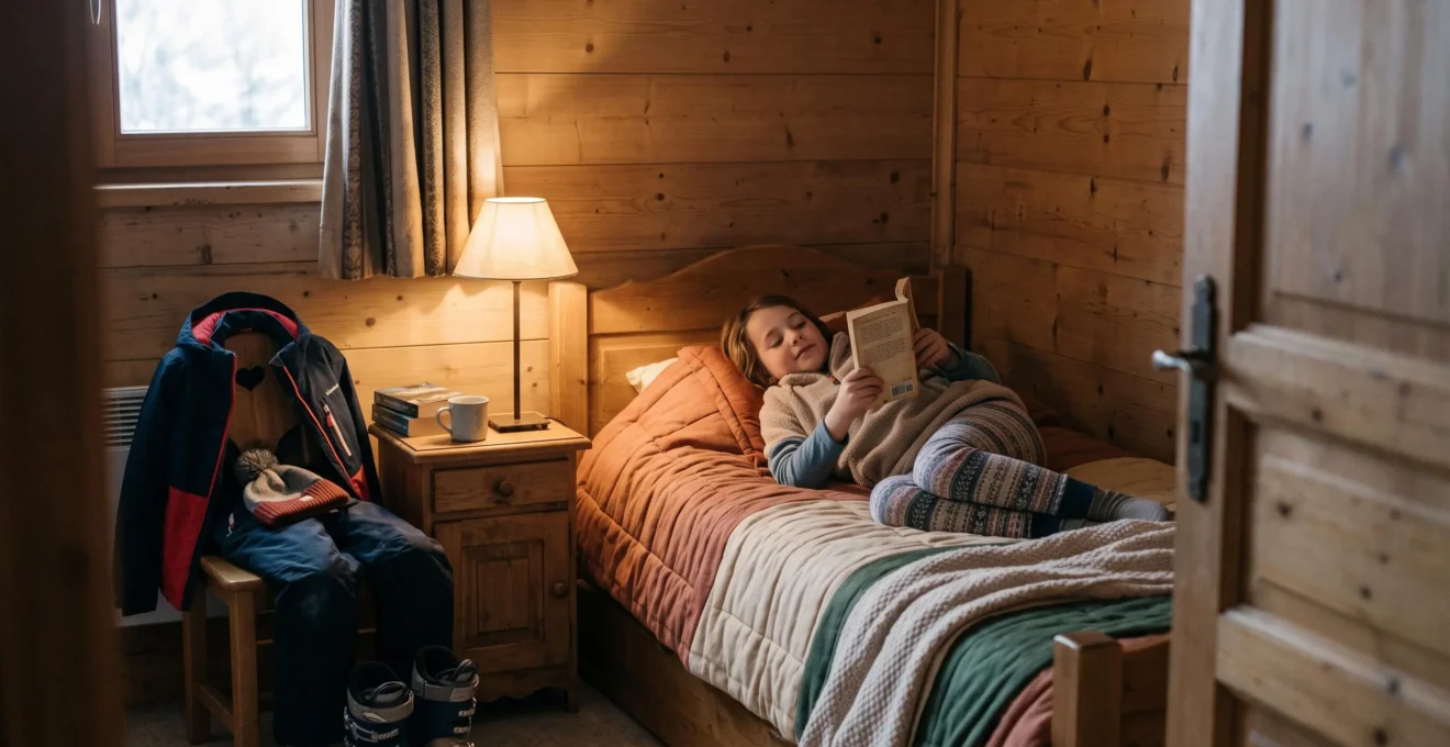Enfant se reposant tranquillement sur un lit dans une chambre fermée d'appartement de montagne après une journée de ski