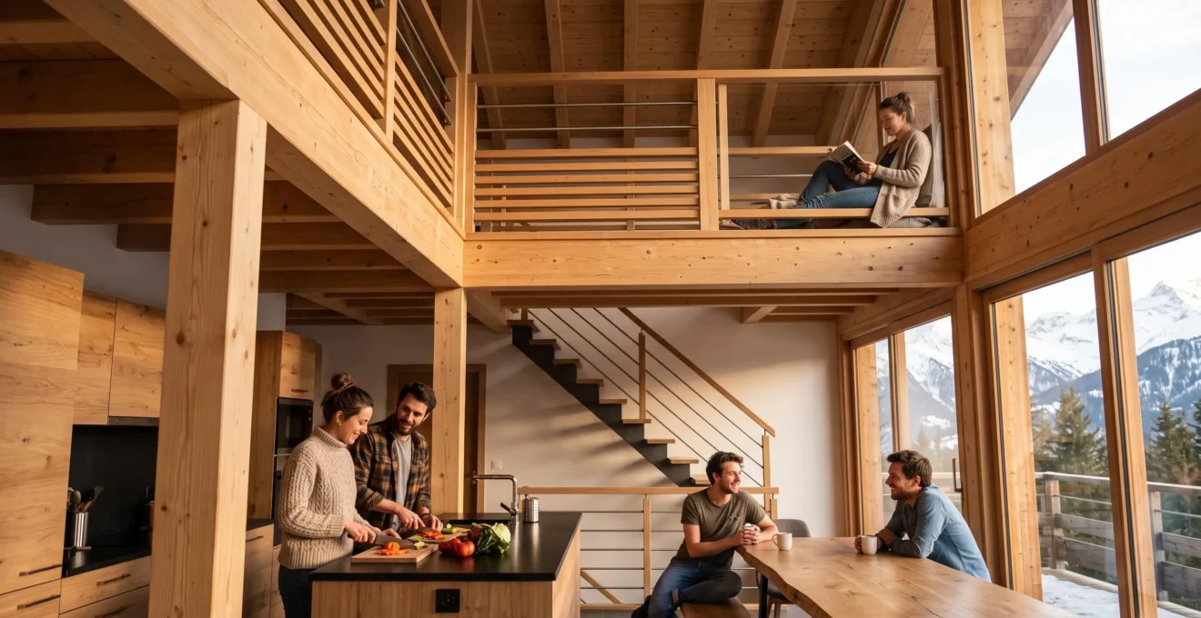 Groupe de vacanciers répartis sur différents niveaux d'un loft de montagne avec mezzanine et grande hauteur sous plafond en bois