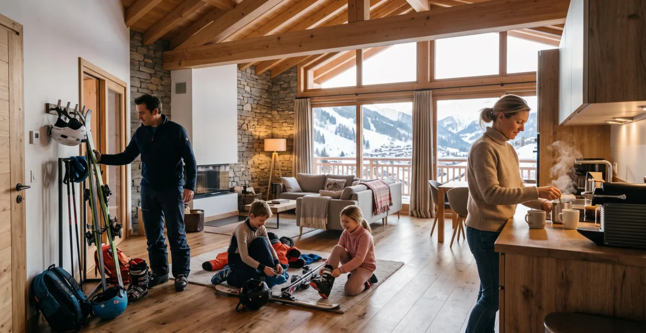 Intérieur spacieux d'un loft de montagne avec famille préparant leur journée de ski dans un espace ouvert avec poutres apparentes et grandes baies vitrées