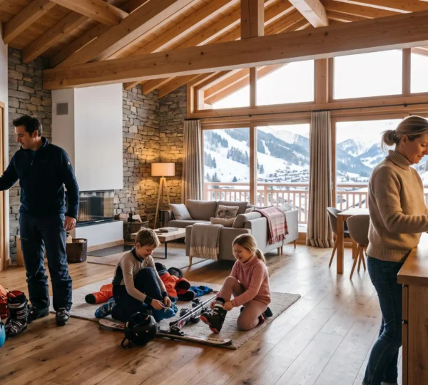 Intérieur spacieux d'un loft de montagne avec famille préparant leur journée de ski dans un espace ouvert avec poutres apparentes et grandes baies vitrées